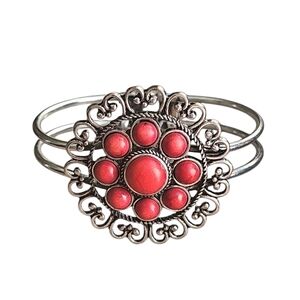 Elegant Silver and Red Coral Hinge Bracelet